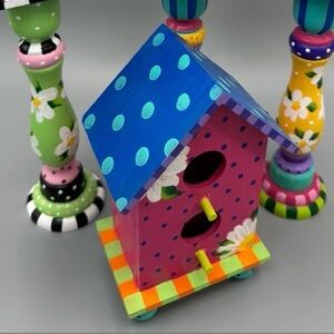 Whimsical newtwo-story Birdhouse with ball feet polkadots, flowers, and checkers